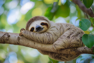 Fototapeta premium Sloth, funny animal hanging on tree