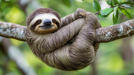 Fototapeta premium Sloth, funny animal hanging on tree