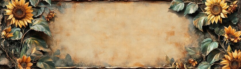 Obraz premium ** Rustic Sunflower Frame with Vintage Background and Lush Green Leaves for Seasonal Design and Decoration..**