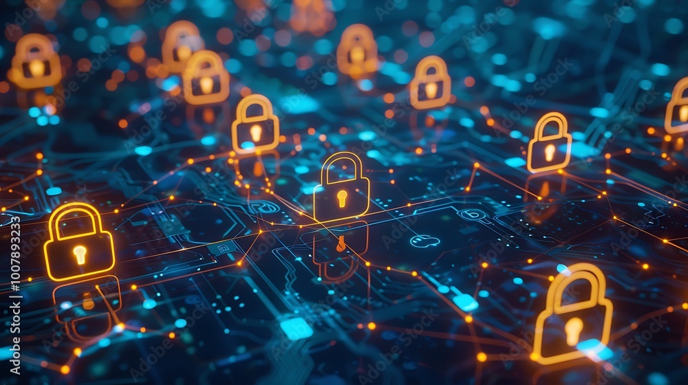 Poster digital representation of a network with multiple glowing padlock icons, symbolizing cybersecurity a