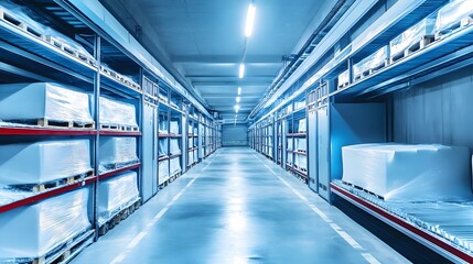 Fototapeta premium Secure Food Storage: Subterranean Pantry with Metal Shelves and White Bags