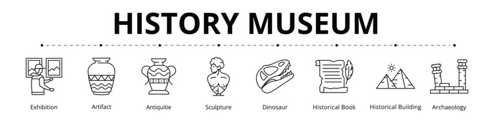History Museum Line Banner Web Icon Set Vector Illustration, Exhibition Artifact Antiquities Sculpture Dinosaur Historical Book Building Archaeology