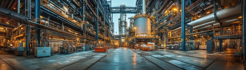 Obraz premium Panoramic View of a Modern Industrial Factory Interior with Complex Machinery and Bright Lighting