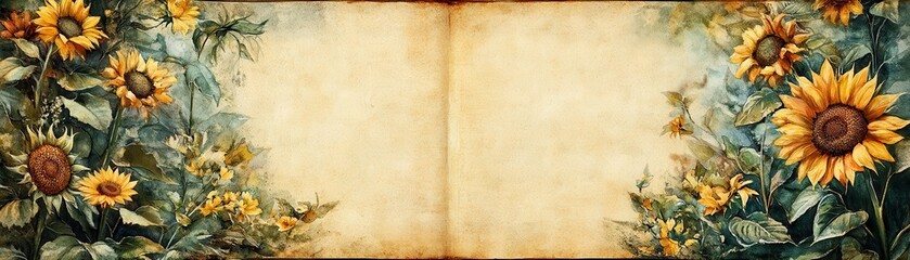 Obraz premium Vintage Sunflower-Themed Background with Rustic Floral Border and Antique Paper Texture for Creative Designs