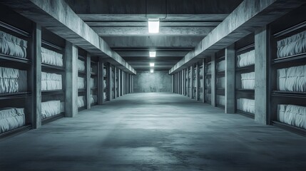 Fototapeta premium Secure Food Storage: Subterranean Pantry with Metal Shelves and White Bags