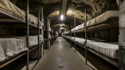 Secure Food Storage: Subterranean Pantry with Metal Shelves and White Bags
