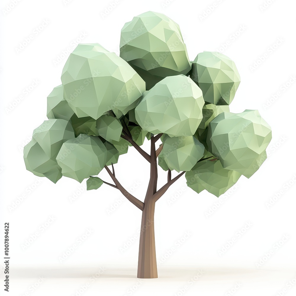 Poster a stylized, low-poly tree design with geometric shapes and a simple color palette.