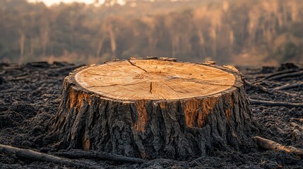 Tree stump in the middle of a deforested area, symbolizing the loss of nature and the impact of human activity