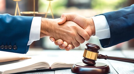 Business Deal Handshake with Gavel and Law Book