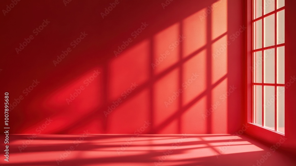 Poster a minimalistic red room with shadows cast by a window, creating a vibrant atmosphere.