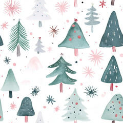 Festive Watercolor Christmas Trees with Snowflakes and Stars for Holiday Decor