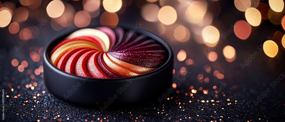 Poster abstract circular pattern of colors with a black background.