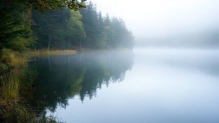 Foggy morning on the lake. Landscape of foggy lake