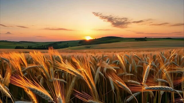 A golden wheat field under a colorful sunset sky, with the sun's rays illuminating the landscape.