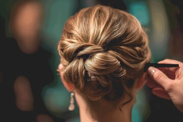 Obraz premium A woman's hair is being styled in a bun.