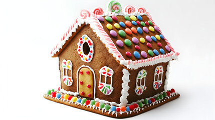 A decorated gingerbread house with candy details, set against