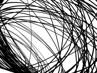 Black tangled thread background. Circular abstract pen stroke vector illustration, on a white background. Tangled scribbles hand drawn doodles. Vector illustration isolated on white background.