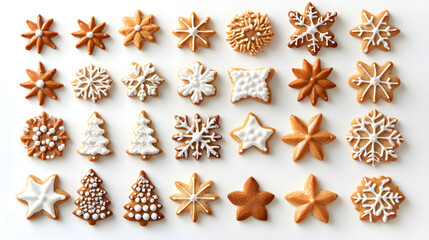 A flat lay of Christmas cookies shaped like stars, trees, and snowflakes arranged in a decorative pattern