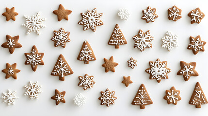 Fototapeta premium A flat lay of Christmas cookies shaped like stars, trees, and snowflakes arranged in a decorative pattern