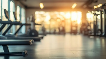 A modern gym interior with exercise equipment and natural light streaming in.