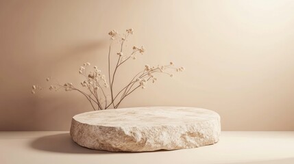 A minimalist stone pedestal with delicate dried flowers, creating a serene aesthetic.