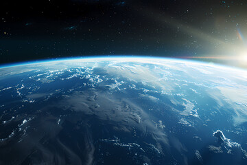 Obraz premium A stunning view of Earth from space, showcasing vibrant blue oceans and white clouds under a radiant sunbeam.