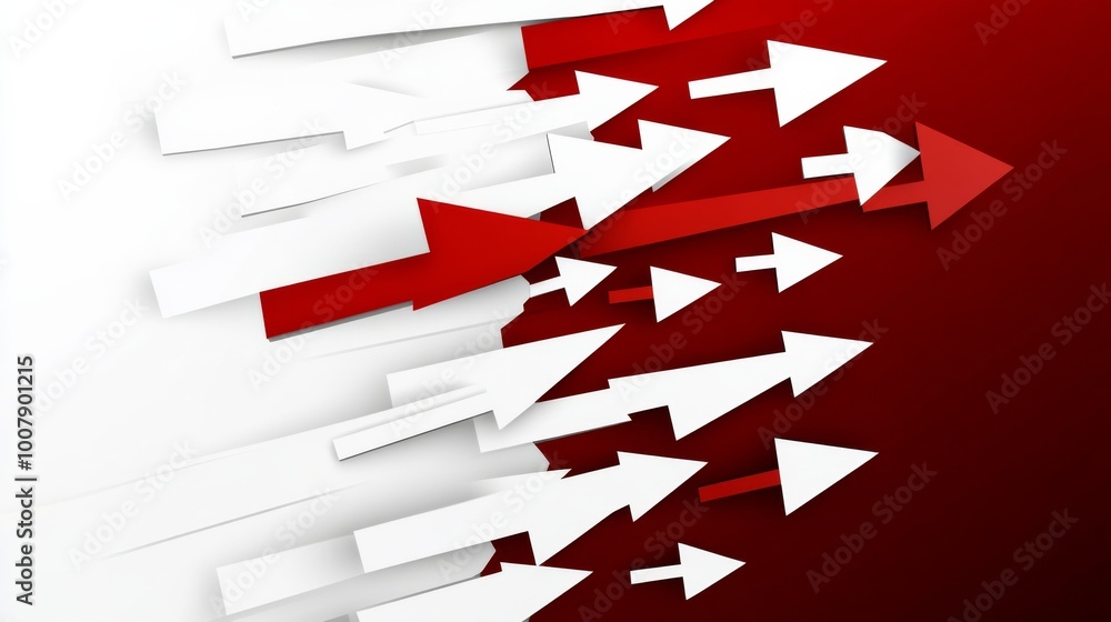 Poster red arrows moving forward in a vector illustration with a white and red color theme symbolize progre