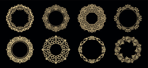Set of decorative frames Elegant vector element for design in Eastern style, place for text. Floral black and golden borders. Lace illustration for invitations and greeting cards