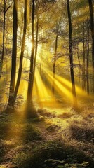 Fototapeta premium Golden sunlight streams through trees in a serene forest, creating a magical and tranquil atmosphere for nature lovers.