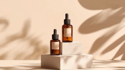Naklejka premium Two amber glass dropper bottles on a minimalist pedestal, showcasing skincare products.