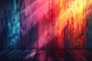A vibrant, colorful backdrop featuring purple, pink, and orange tones with textured wooden panels, perfect for creative photography.