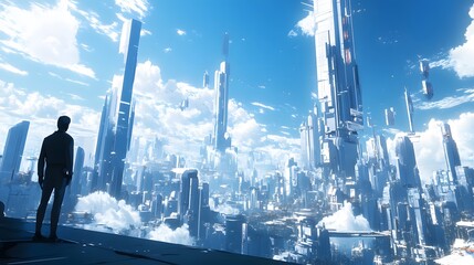 Silhouetted Figure Gazing at a Futuristic Cityscape