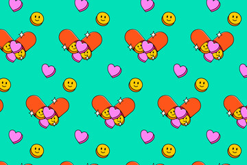 capsule pills with love and smile colorful pattern on green background for decor and merchandise