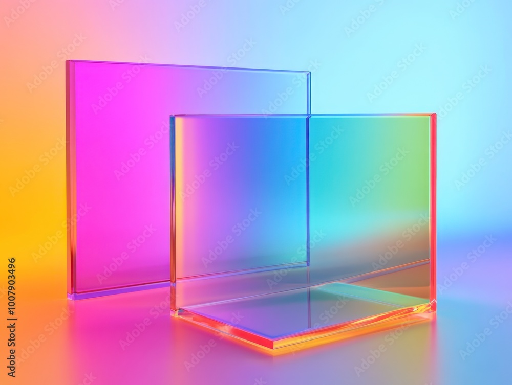 Poster two translucent geometric shapes with a colorful gradient background.