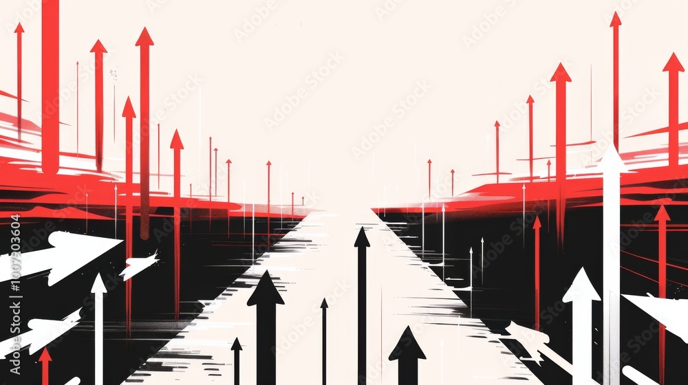 Poster red and black arrows moving forward in a vector illustration with a white and red-black color theme 
