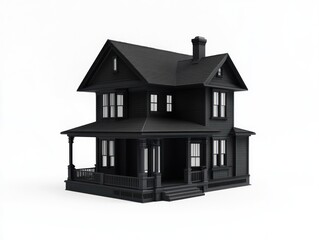 A stylized black Victorian house with a porch and multiple windows.