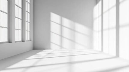 Fototapeta premium A minimalist interior with large windows casting shadows on a white wall.