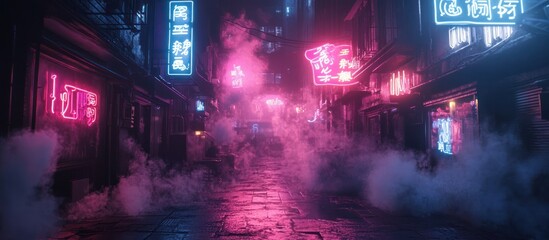 Obraz premium A narrow, smoky street in an Asian city at night, lit by neon signs.