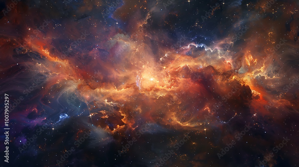 Poster nebula in space with swirling clouds of gas and dust, illuminated by distant stars. the colors are b