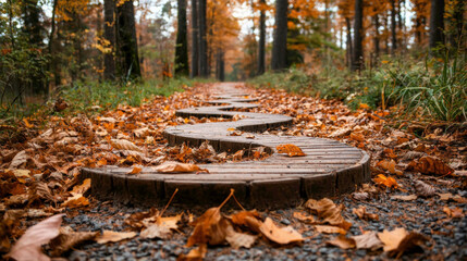 Obraz premium A quiet autumn trail winds through the forest, with rustic wooden walkways and colorful fall leaves. The quiet atmosphere and warm colors create a peaceful journey.
