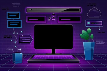 A purple theme illustration of empty computer screen and technology elements representing cyber monday background