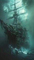 Fototapeta premium Ghostly ship sailing through foggy waters