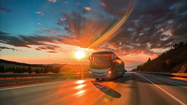 A modern bus traveling on a highway during a vibrant sunset with dramatic clouds.