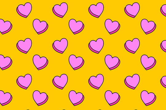 Fototapeta beauty love 3d shape colorful pattern on yellow background. doodle heart love object symbol seamless pattern background. funny love shape seamless pattern for decor and merchandise