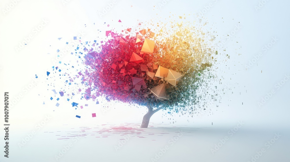 Poster a futuristic knowledge tree with geometric branches spreading out into colorful data nodes, creating