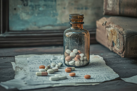 A glass bottle with medicines, and medicines scattered on paper, on the tabele retro.