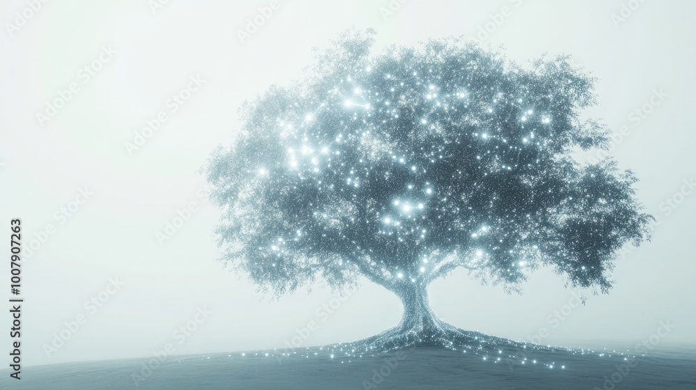 Poster a futuristic knowledge tree with glowing digital branches representing different fields of study, se