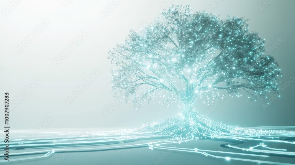 Poster a futuristic knowledge tree with glowing digital branches representing different fields of study, se