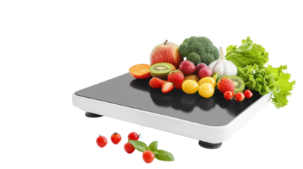 Smart kitchen scale with nutrition tracking on white background