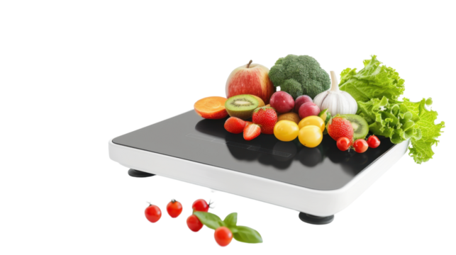 Smart kitchen scale with nutrition tracking on white background